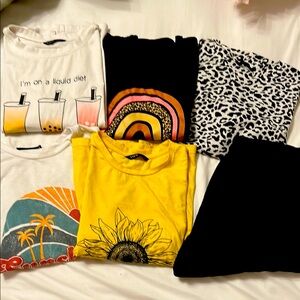 SHEIN Colorful Graphic T-Shirts Collection + one pair of black shorts; women med